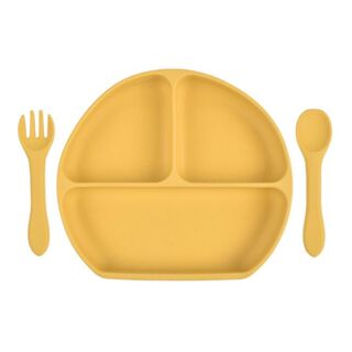 Plato de silicona con cuchara y tenedor amarillo,hi-res