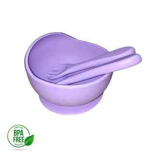 Bowl tazón cuchara y tenedor de silicona para niños - Lila,hi-res