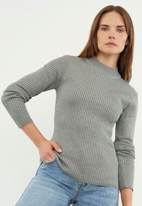 Sweater Mujer Cuello Alto Rib Gris Melange Corona,hi-res