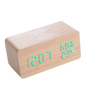 Reloj digital de madera con carga inalámbrica para teléfonos,hi-res