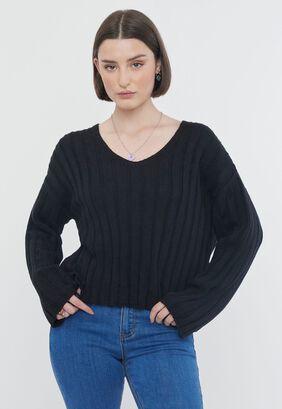 Sweater Mujer Cuello V Negro Corona,hi-res