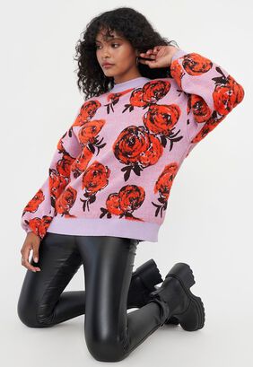 Sweater Round Neck Overseze Full Print Lila Flor Corona,hi-res