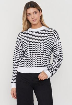 Sweater Mujer Crochet Negro/Blanco Corona,hi-res