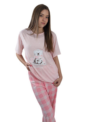 Pijama Mujer Polera Manga Corta y Pantalón Diseño Oso Polar Escosés,hi-res