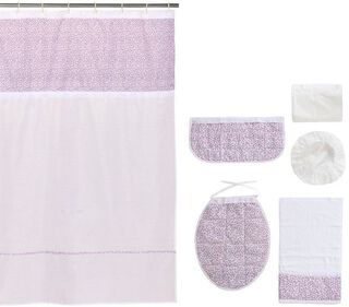 Cortina y Set de baño 7 piezas 180 x 180 cms blanco flores rosadas,hi-res