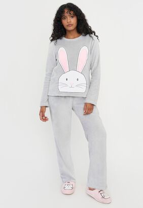 Pijama Mujer Polar Diseño Gris Conejo Corona,hi-res