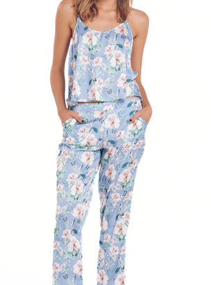 Pijama Fiji Flores Celeste Top/Pantalón,hi-res