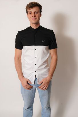 Camisa cuello Mao Color negro y blanco 100% fit,hi-res