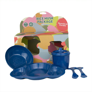 Set de 5 Unidades para bebés (Plato+Bowl+Vaso+Cuchara+Tenedor), Color Azul, Cáscara De Arroz,hi-res