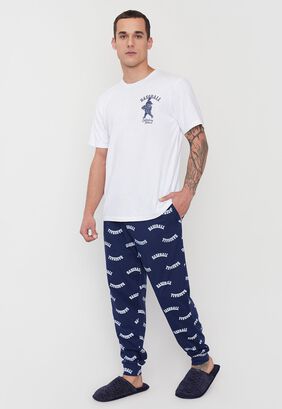 Pijama Hombre Largo Print Baseball Azul Corona,hi-res