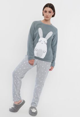 Pijama Mujer Polar Caras Gris Conejo Corona,hi-res