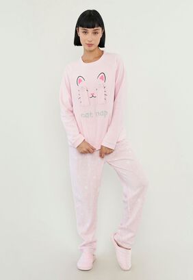 Pijama Mujer Polar Caras Rosado Gato Corona,hi-res
