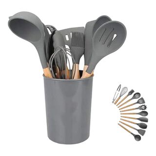 kit 12 utencilios de cocina set cucharones utencilios madera silicona,hi-res