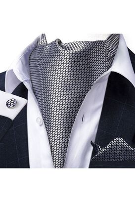 Set Corbata Gruesa Ascot + Paño + Collera formal hombre. Gris texturizado,hi-res