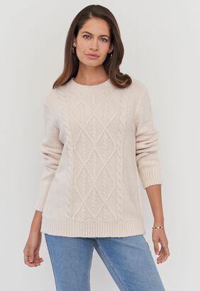 Sweater Mujer Trenzas Ecru Corona,hi-res