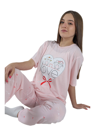 Pijama Mujer Polera Manga Corta y Pantalón Diseño Love,hi-res