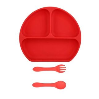 Plato de silicona con cuchara y tenedor rojo,hi-res