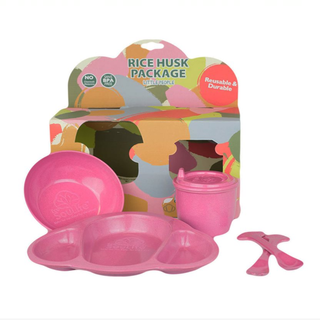 Set de 5 Unidades para Bebés (Plato+Bowl+Vaso+Cuchara+Tenedor), Color Rosado, Cáscara De Arroz,hi-res