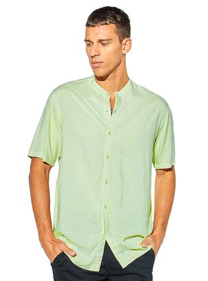 Camisa de Lino Manga Corta Hombre Cuello Mao Verde,hi-res