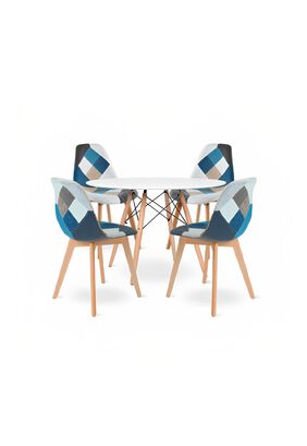 Comedor Mesa Redonda blanca 80cm + 4 sillas Patchwork wood celeste,hi-res