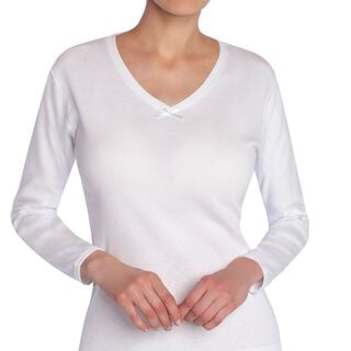 Camiseta Mujer Manga Larga Cuello "V" Algodón Blanco,hi-res
