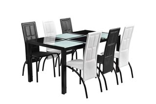 juego comedor rectangular de vidrio templado con 6 sillas Blanco Negro,hi-res