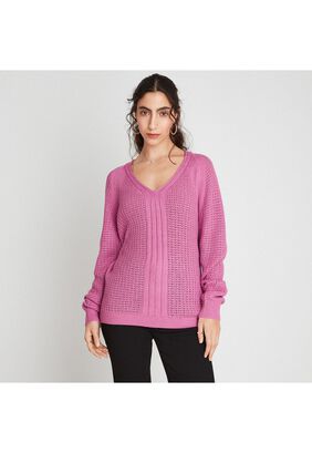 Sweater Magenta Manga Larga Cuello V Calado,hi-res