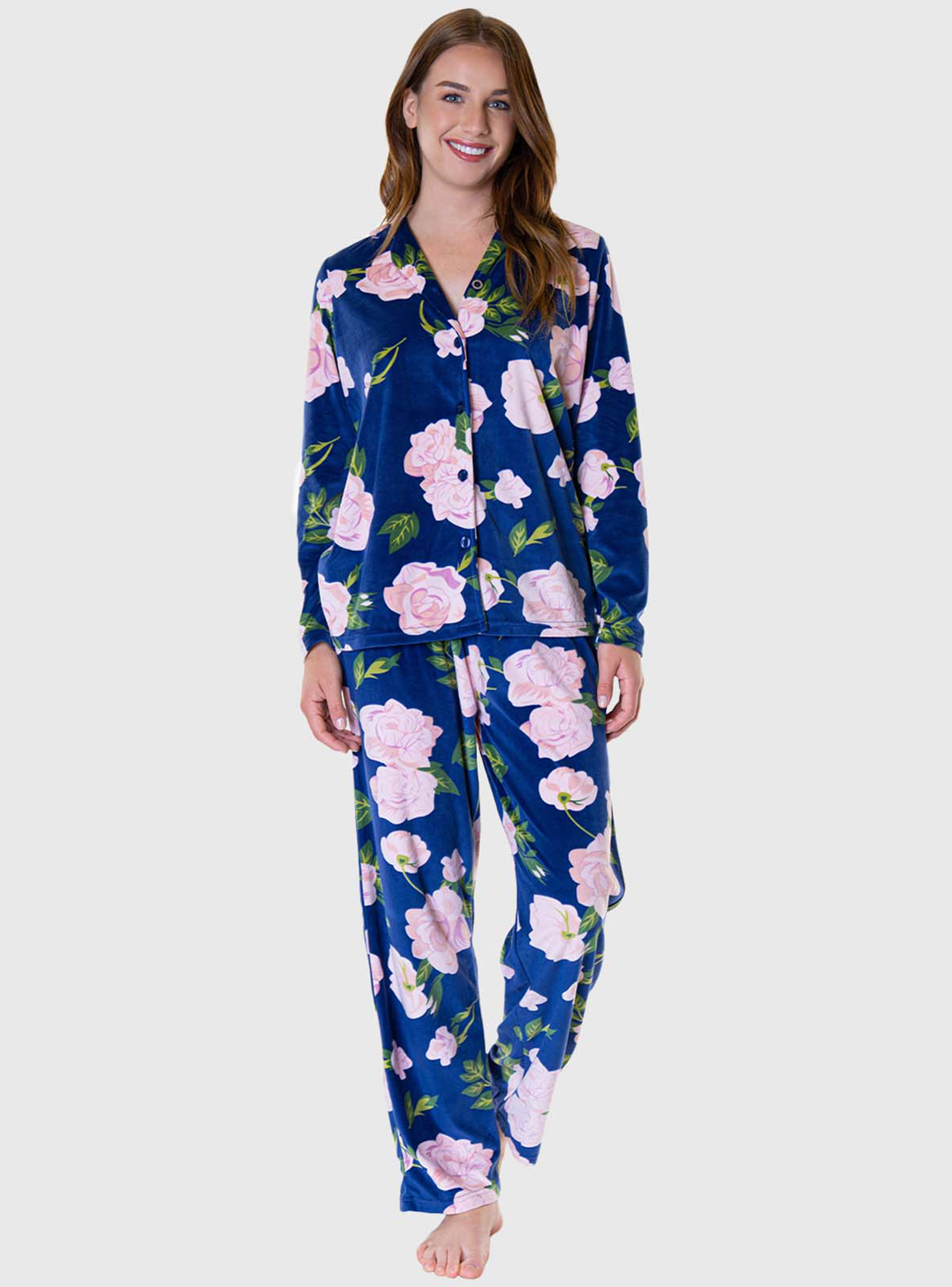 Pijama Velvet Botones Conjunto Comfy Flores Invierno