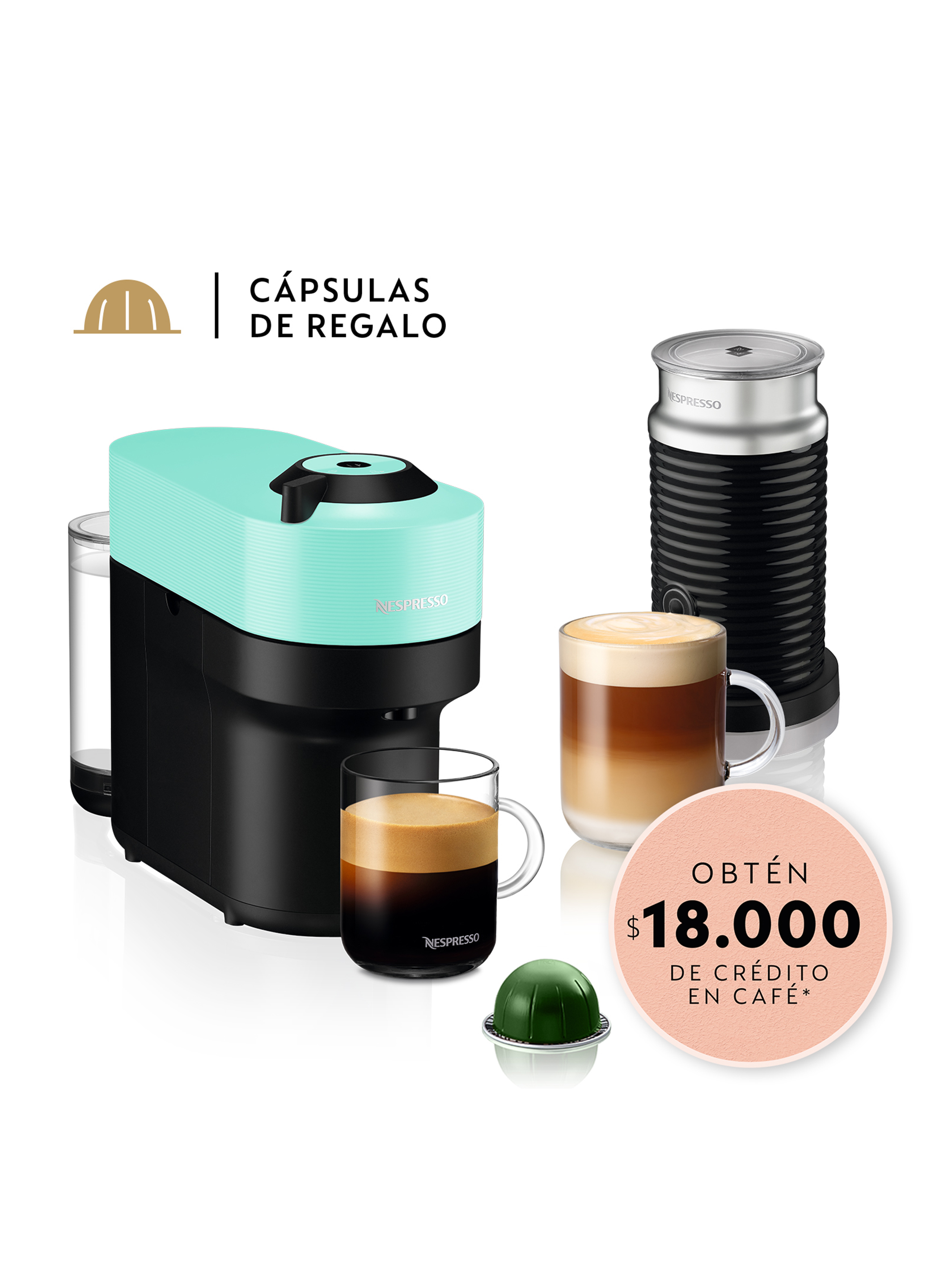Cafetera Nespresso Vertuo Pop Verde Agua + Espumador De Leche