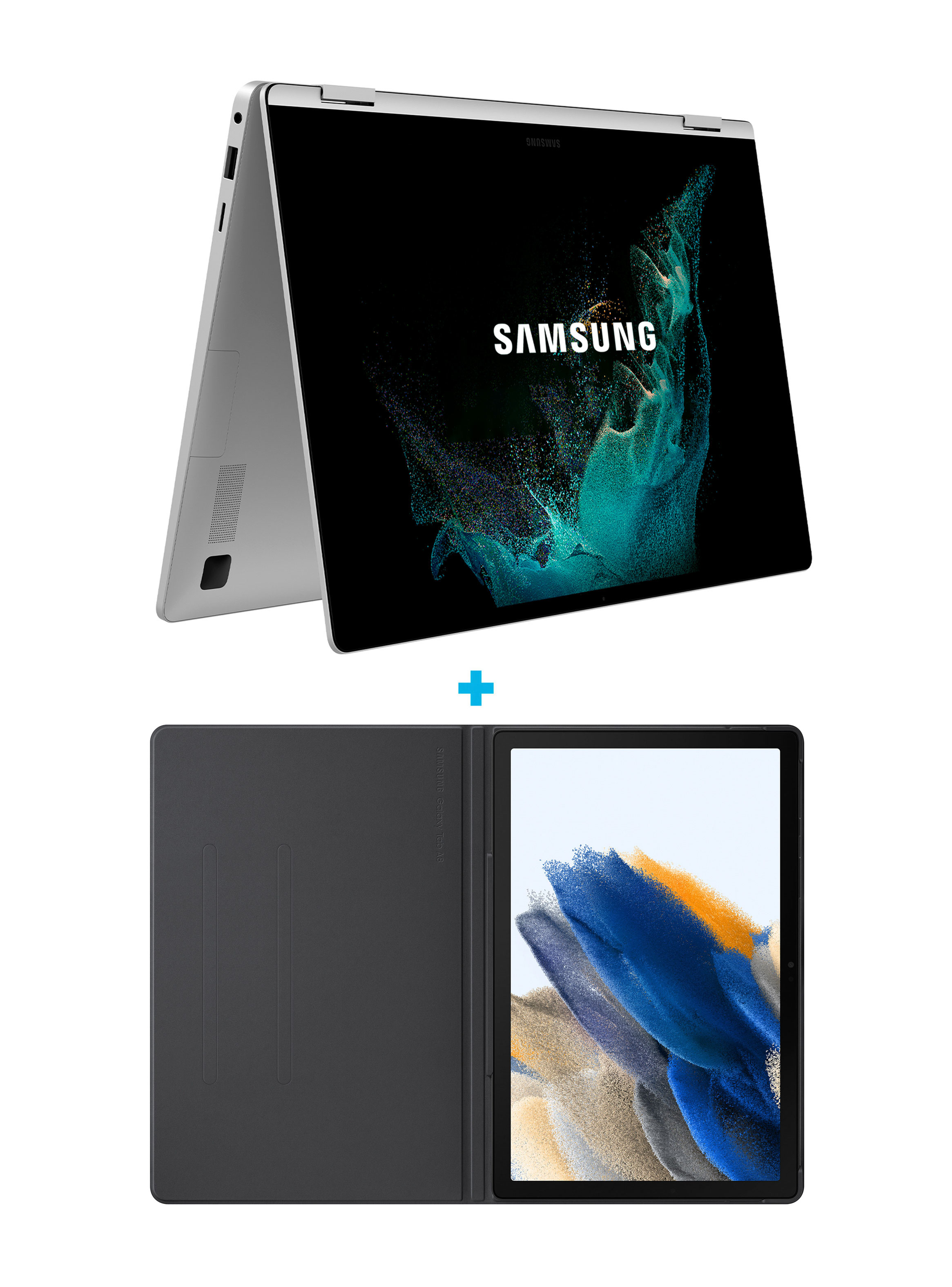 Notebook Galaxy Book 3 360 Intel Core i7 13va Gen Iris Xe Graphics 8GB RAM 512GB SSD 15" + Tablet Galaxy Tab A8 + Book Cover 10.5” 32GB WIFI Gray