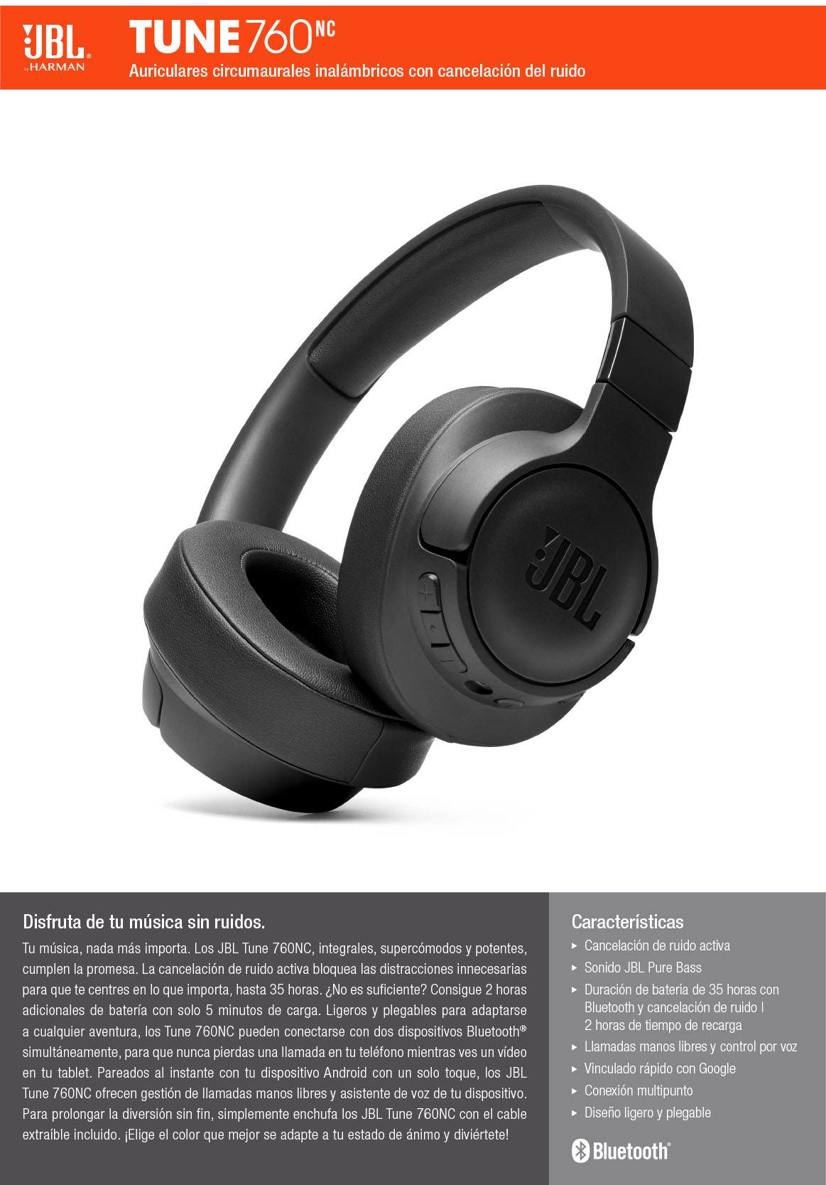 JBL TUNE 760NC-auriculares inalámbricos con Bluetooth, dispositivo