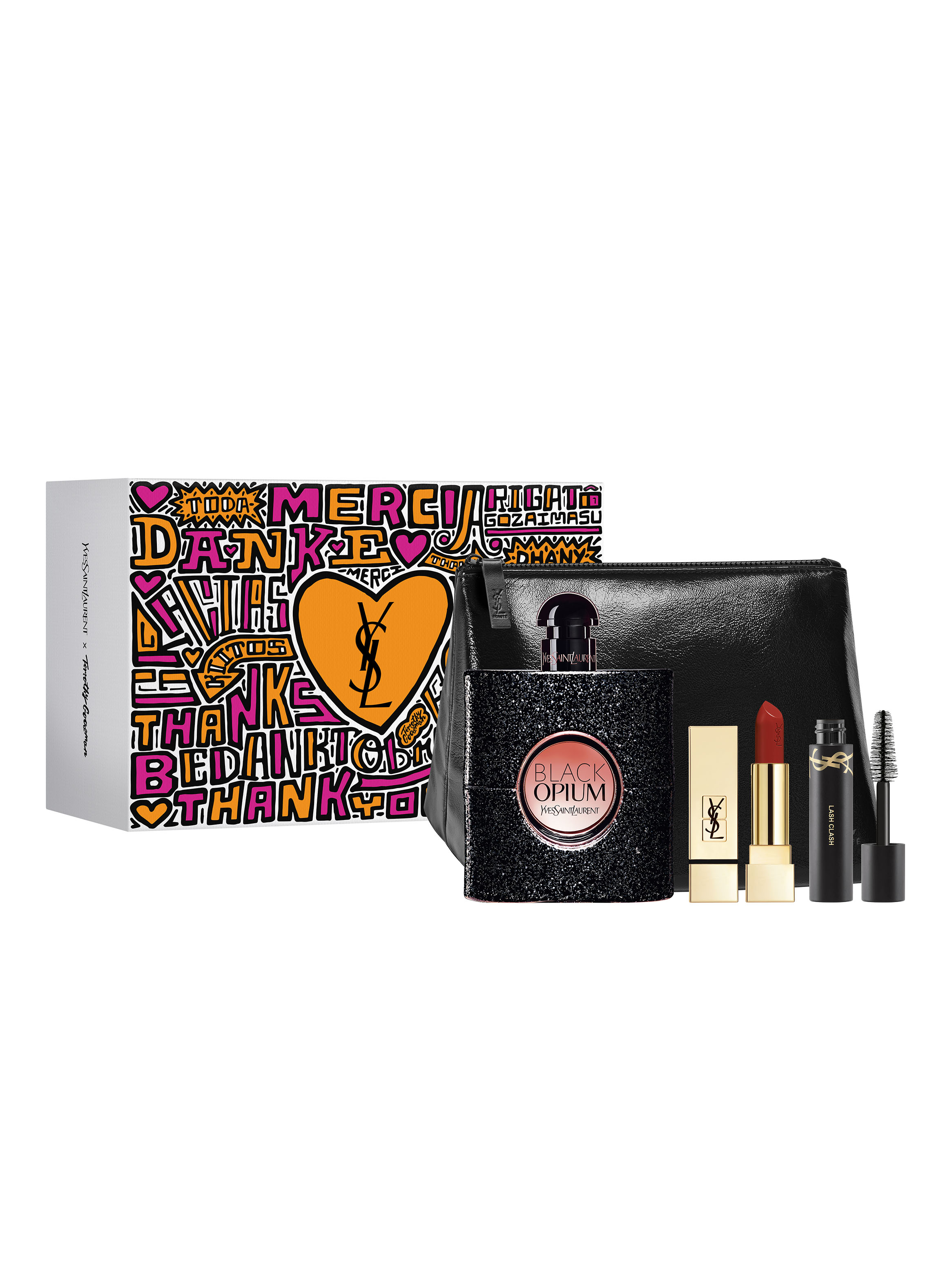 Set Perfume Black Opium 90 ml + Rouge Pur Couture 1966 +  Mini Lash Clash + Pouch