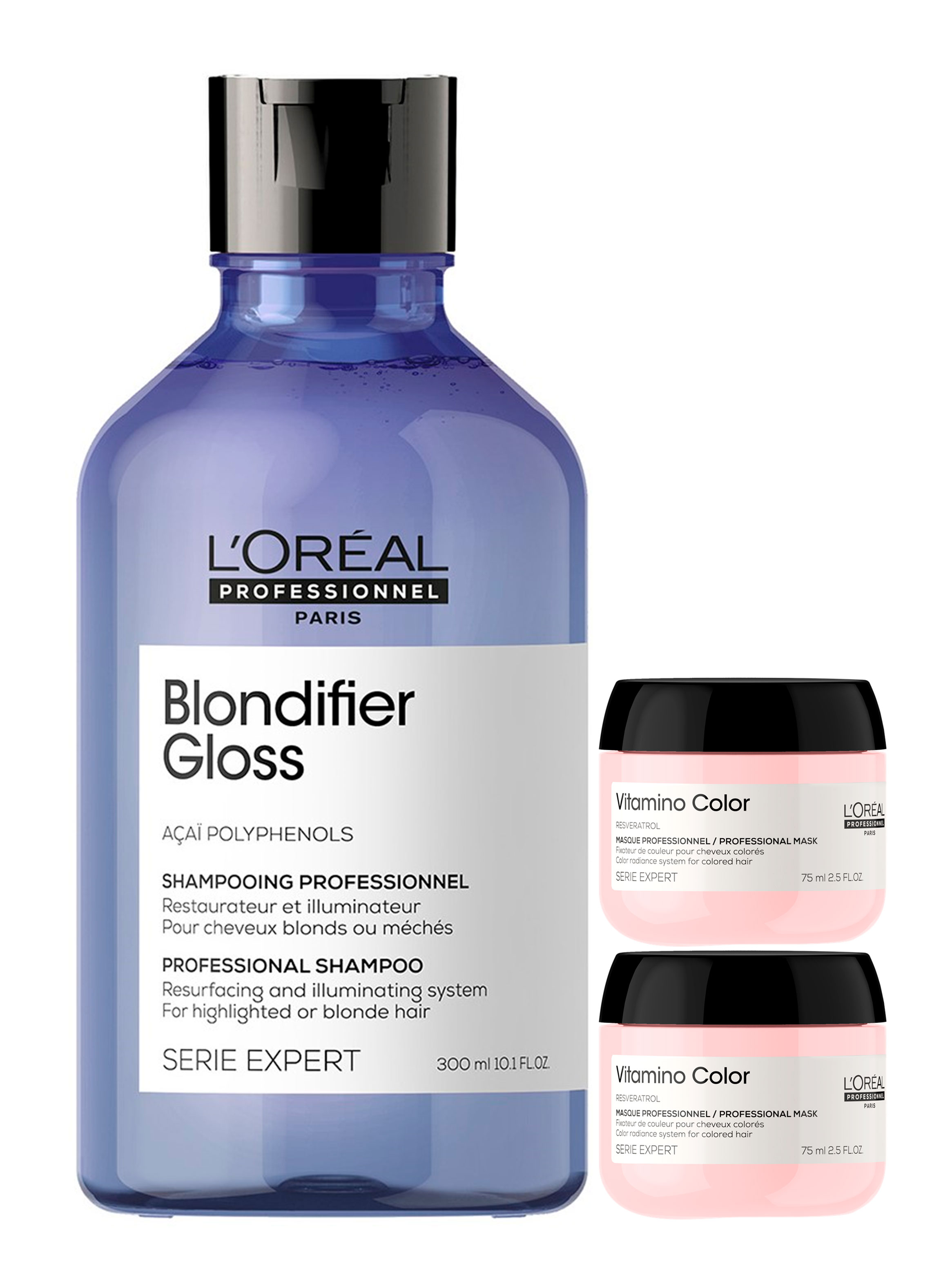 Set Cabello Rubio Blondifier Serie Expert Shampoo Gloss 300 ml + 2 Máscaras Vitamino Color 75 ml