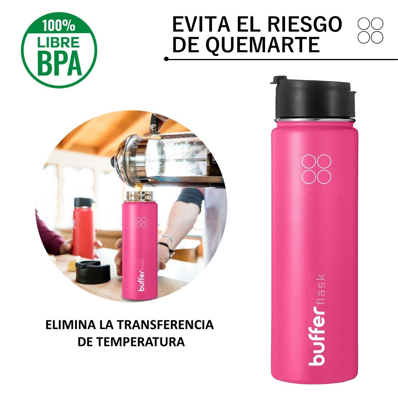 BUFFER FLASK Termo Botella Agua Niños Buffer Inoxidable - Rosa