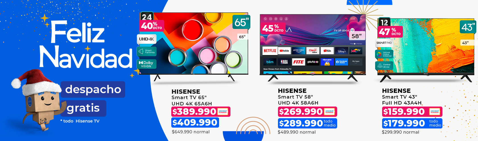 Ofertas en Smart TV de 65, 58 y 43 pulgadas marca Hisense en Paris.cl